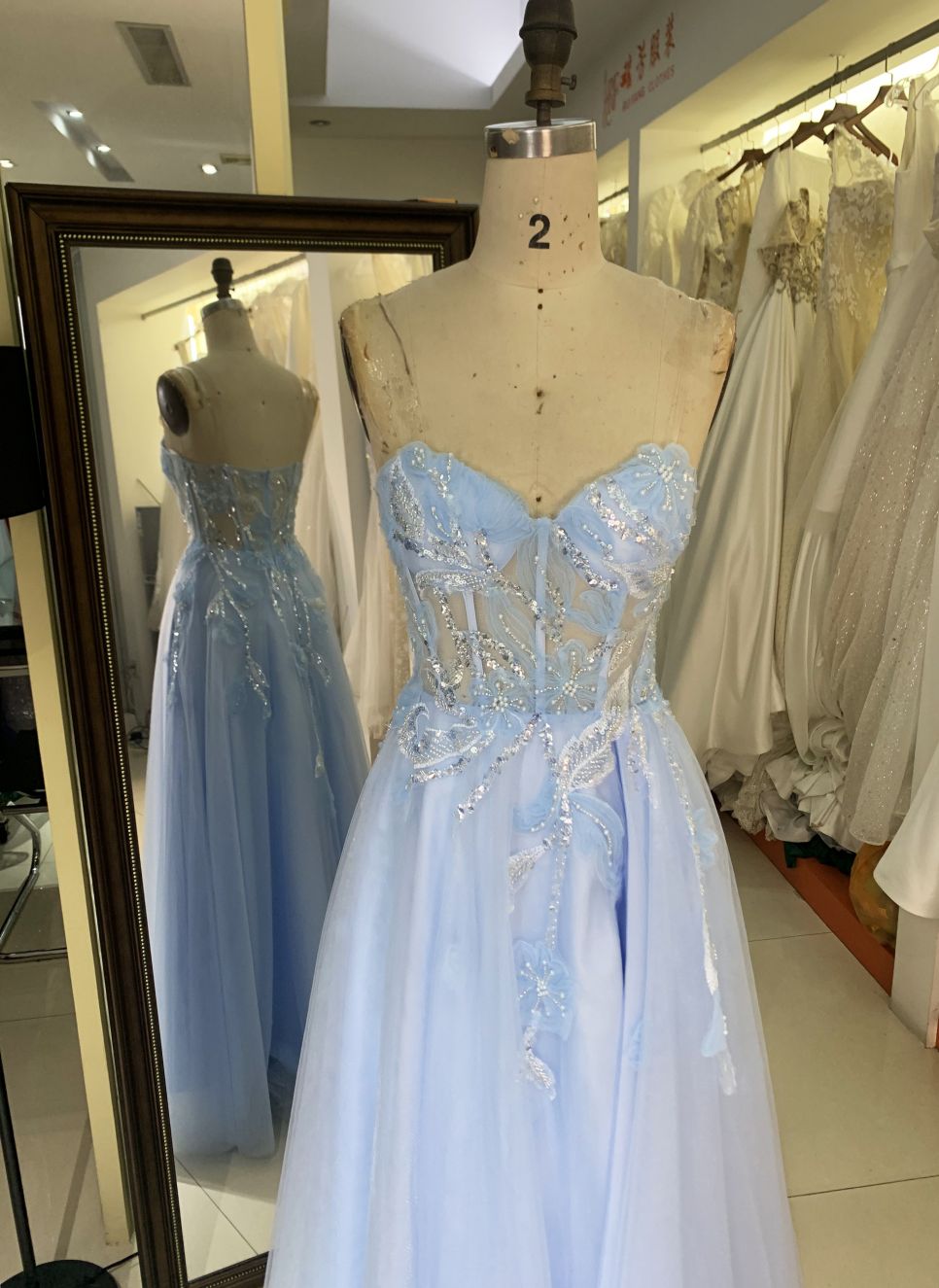 2025 New 3D flower sequins A line strapless boning fancy evening blue prom dress tule for girls
