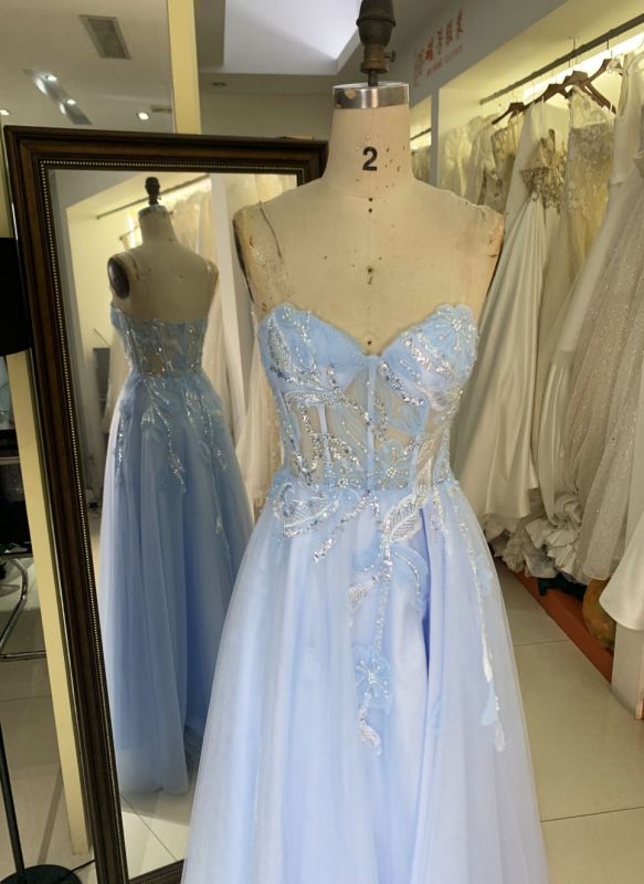 2025 New 3D flower sequins A line strapless boning fancy evening blue prom dress tule for girls