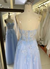 2025 New 3D flower sequins A line strapless boning fancy evening blue prom dress tule for girls