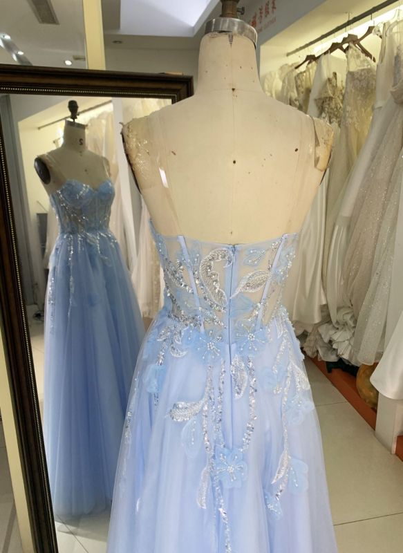 2025 New 3D flower sequins A line strapless boning fancy evening blue prom dress tule for girls