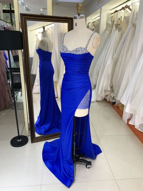 2025 wholesale Royal blue sleeveless beading jersey satin skirt mermaid hand pleated prom evening dresses
