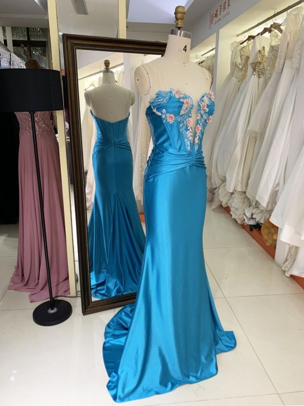 2025 Latest custom teal contrast color sexy deep V-neck satin evening dress women's slim fit slit mermaid prom dress
