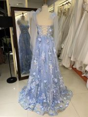 2025 Milky blue 3D flowers sweetheart lace evening dress A-line skirt with shawl colorful custom prom dress