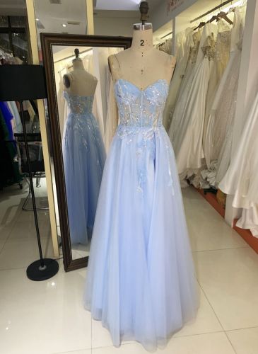 2025 New 3D flower sequins A line strapless boning fancy evening blue prom dress tule for girls