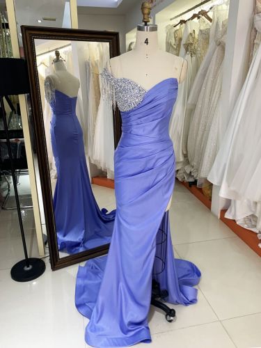 2025 wholesale dusty blue sleeveless beading tassels satin skirt mermaid prom evening dresses