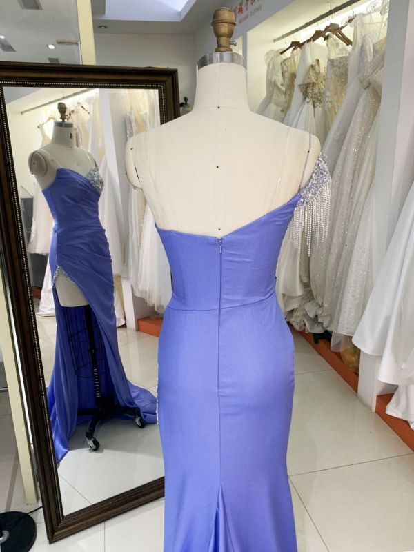 2025 wholesale dusty blue sleeveless beading tassels satin skirt mermaid prom evening dresses