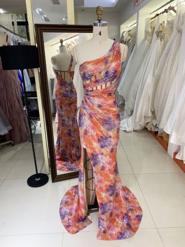 2025 New sequins multi color one shoulder boning pleat fancy evening prom dresses for black girls