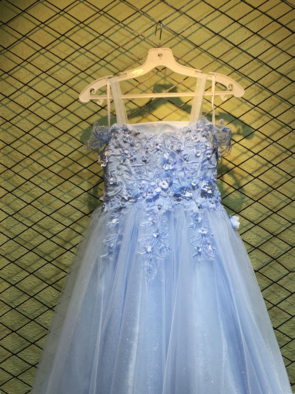 New style light blue fairy dress square neck temperament sling white mesh princess performance costume dress for children