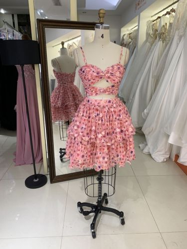 Pink sleeveless hand pleated ruffles flower printed A line homecoming dresses