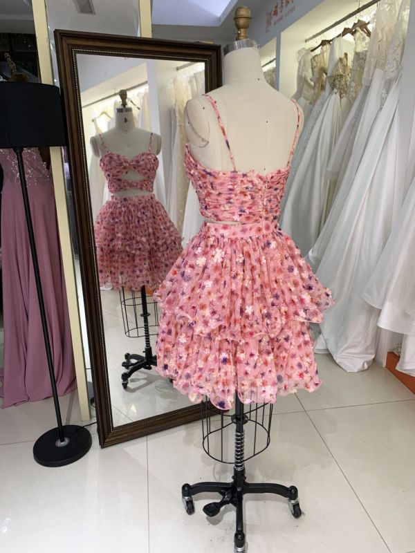 Pink sleeveless hand pleated ruffles flower printed A line homecoming dresses