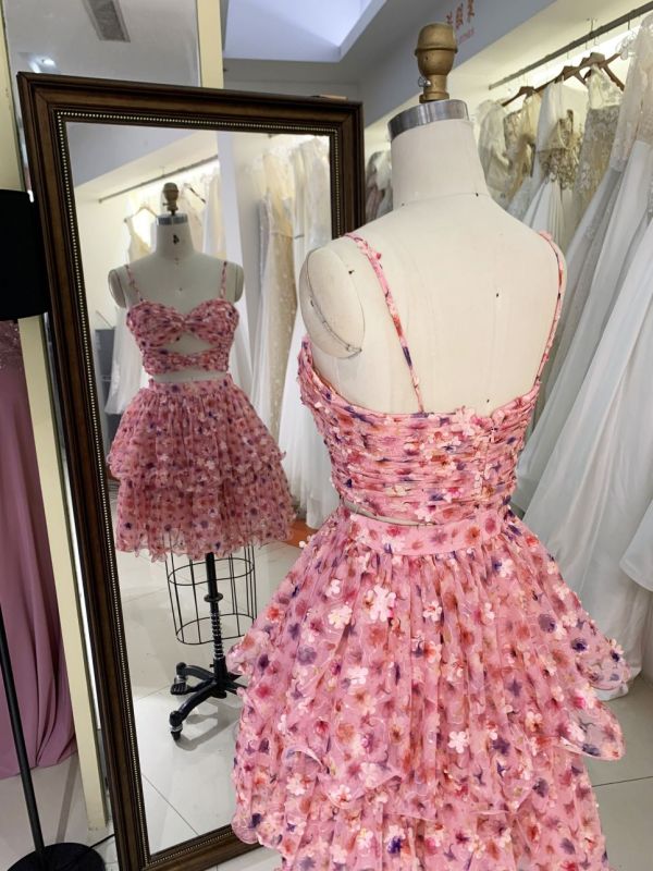 Pink sleeveless hand pleated ruffles flower printed A line homecoming dresses