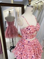 Pink sleeveless hand pleated ruffles flower printed A line homecoming dresses