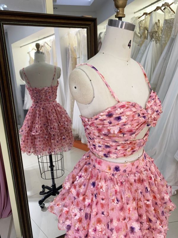 Pink sleeveless hand pleated ruffles flower printed A line homecoming dresses