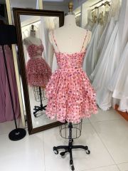 Pink sleeveless hand pleated ruffles flower printed A line homecoming dresses
