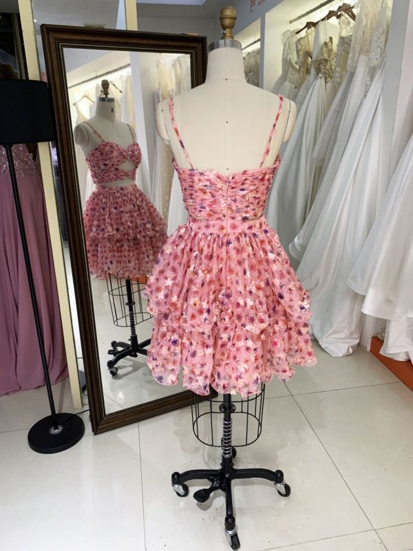 Pink sleeveless hand pleated ruffles flower printed A line homecoming dresses