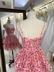 Pink sleeveless hand pleated ruffles flower printed A line homecoming dresses