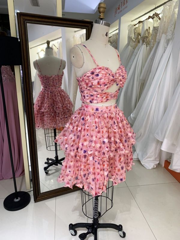 Pink sleeveless hand pleated ruffles flower printed A line homecoming dresses