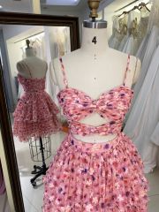 Pink sleeveless hand pleated ruffles flower printed A line homecoming dresses