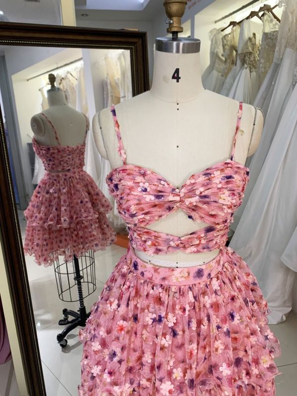 Pink sleeveless hand pleated ruffles flower printed A line homecoming dresses