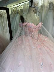 New custom high quality latest 3D flowers lace embroidery dresses evening ball gowns pink quinceanera dress 2025