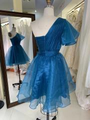 Teal zipper up back one shoulder hand pleated A line homecoming puffy short evening party dresses women