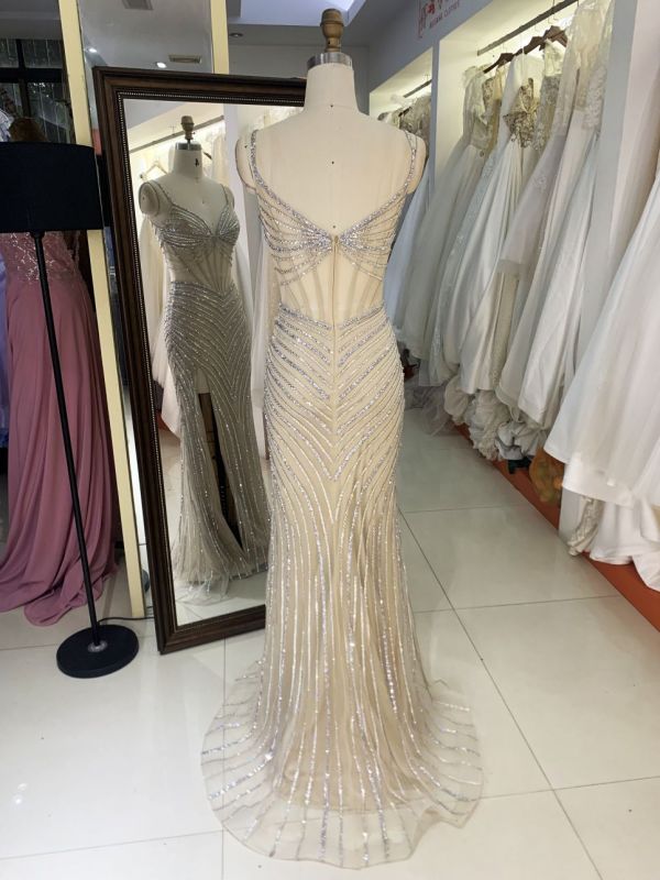 2025 wholesale champagne sleeveless beading embellishment side slit corset crystal mermaid fitted prom evening dresses
