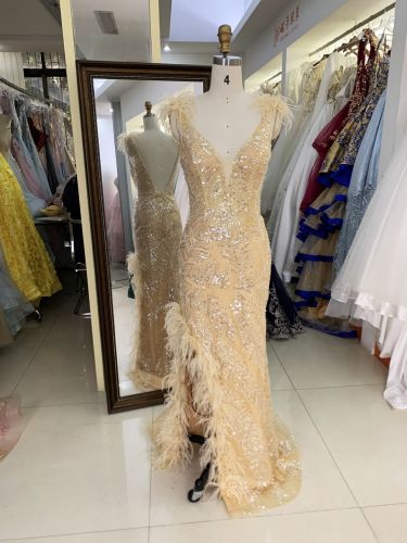 New luxury feather wholesale champagne sequin prom dress teen long gowns evening for women 2025