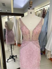 2025 New fashion elegant dusty rose V Neck beaded chain zipper back Dresses for Ladies Party Homecoming