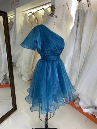 Teal zipper up back one shoulder hand pleated A line homecoming puffy short evening party dresses women