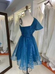 Teal zipper up back one shoulder hand pleated A line homecoming puffy short evening party dresses women