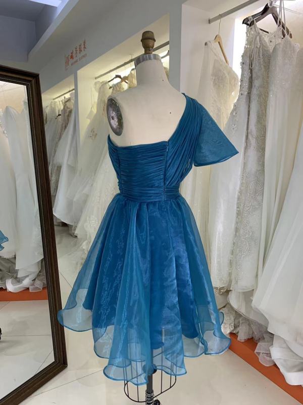 Teal zipper up back one shoulder hand pleated A line homecoming puffy short evening party dresses women