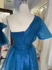 Teal zipper up back one shoulder hand pleated A line homecoming puffy short evening party dresses women