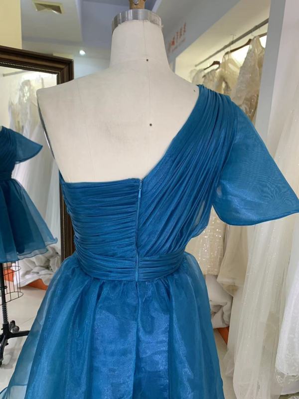Teal zipper up back one shoulder hand pleated A line homecoming puffy short evening party dresses women