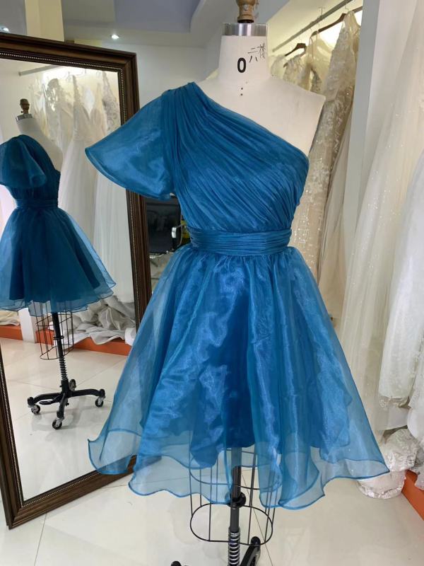 Teal zipper up back one shoulder hand pleated A line homecoming puffy short evening party dresses women