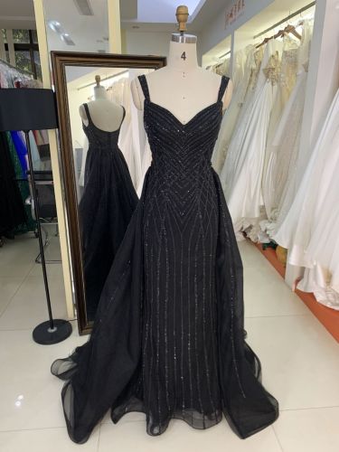 2025 wholesale black sleeveless corset embellished beaded mermaid crystal fitted gown prom evening dresses with overskirt