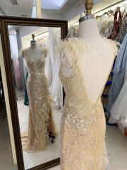 New luxury feather wholesale champagne sequin prom dress teen long gowns evening for women 2025