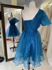 Teal zipper up back one shoulder hand pleated A line homecoming puffy short evening party dresses women