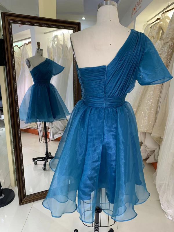 Teal zipper up back one shoulder hand pleated A line homecoming puffy short evening party dresses women
