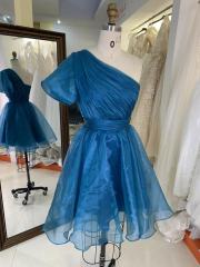 Teal zipper up back one shoulder hand pleated A line homecoming puffy short evening party dresses women