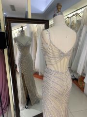 2025 wholesale champagne sleeveless beading embellishment side slit corset crystal mermaid fitted prom evening dresses