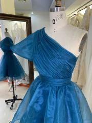 Teal zipper up back one shoulder hand pleated A line homecoming puffy short evening party dresses women
