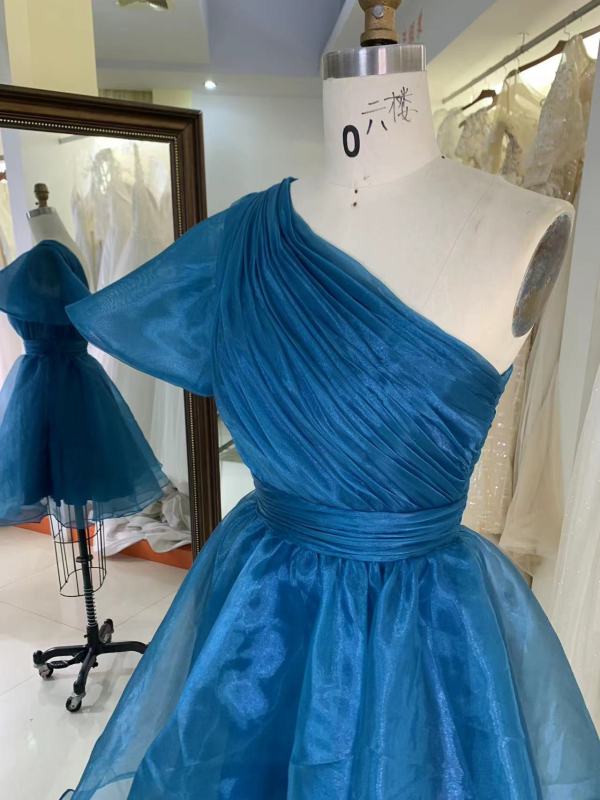 Teal zipper up back one shoulder hand pleated A line homecoming puffy short evening party dresses women