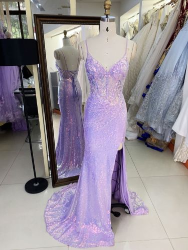 2025 New style lilac V-neck Sleeveless Sequins fabric Slit Women's evening dress elegant prom dress