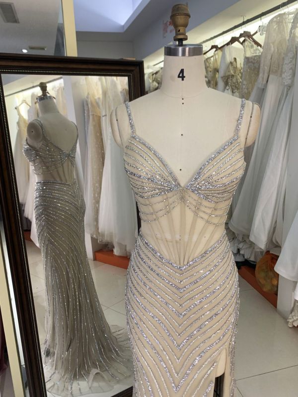 2025 wholesale champagne sleeveless beading embellishment side slit corset crystal mermaid fitted prom evening dresses