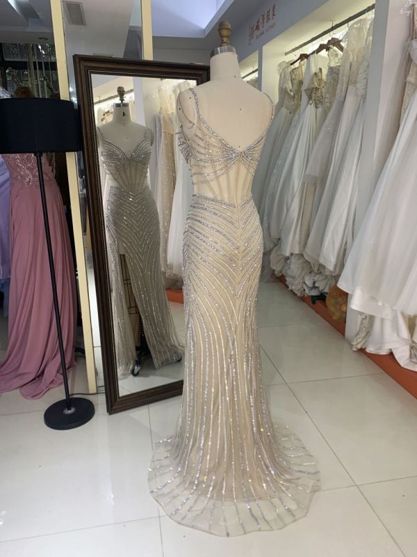2025 wholesale champagne sleeveless beading embellishment side slit corset crystal mermaid fitted prom evening dresses