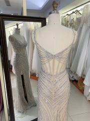 2025 wholesale champagne sleeveless beading embellishment side slit corset crystal mermaid fitted prom evening dresses
