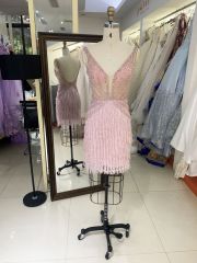 2025 New fashion elegant dusty rose V Neck beaded chain zipper back Dresses for Ladies Party Homecoming