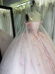 New custom high quality latest 3D flowers lace embroidery dresses evening ball gowns pink quinceanera dress 2025