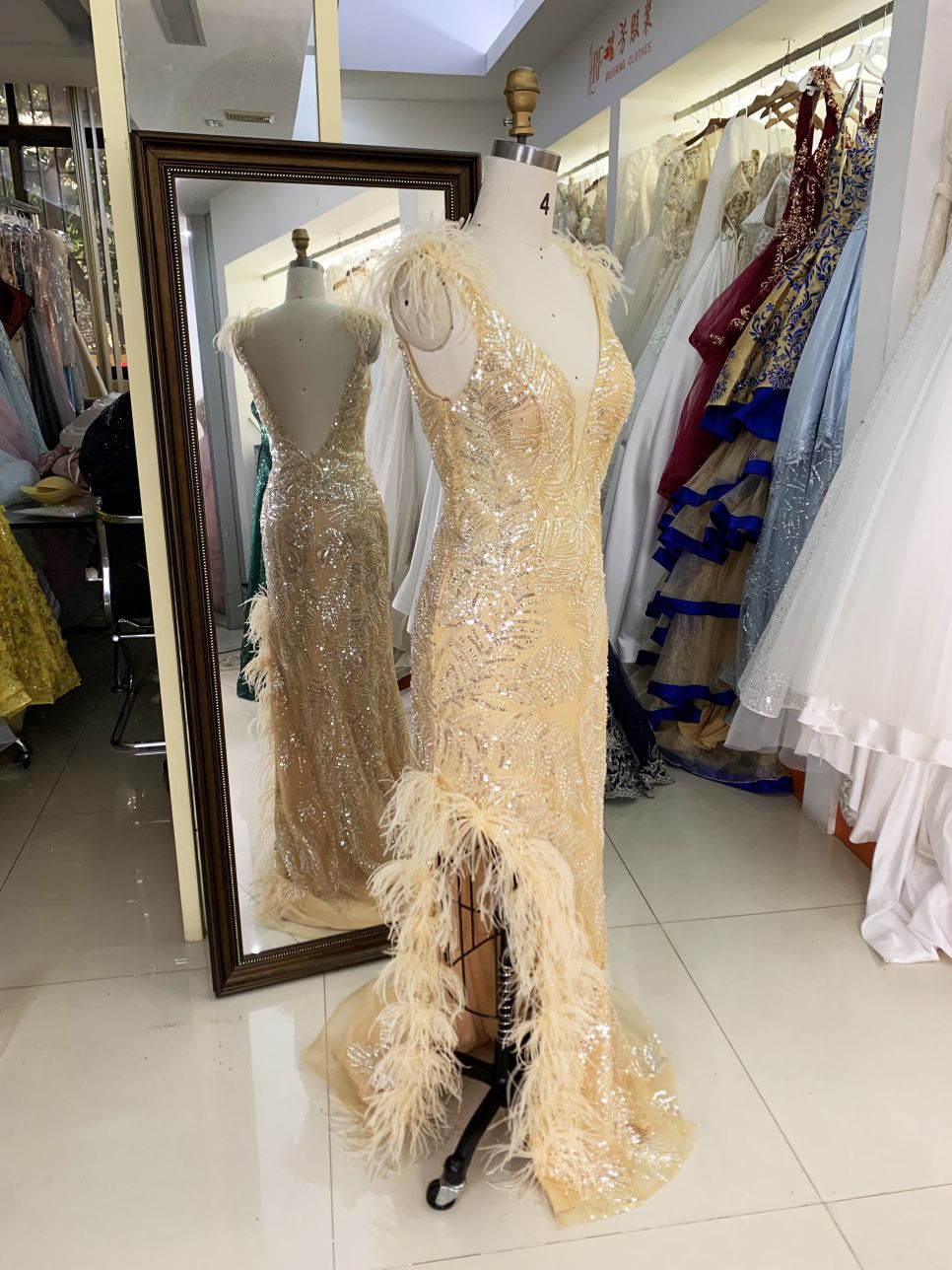 New luxury feather wholesale champagne sequin prom dress teen long gowns evening for women 2025