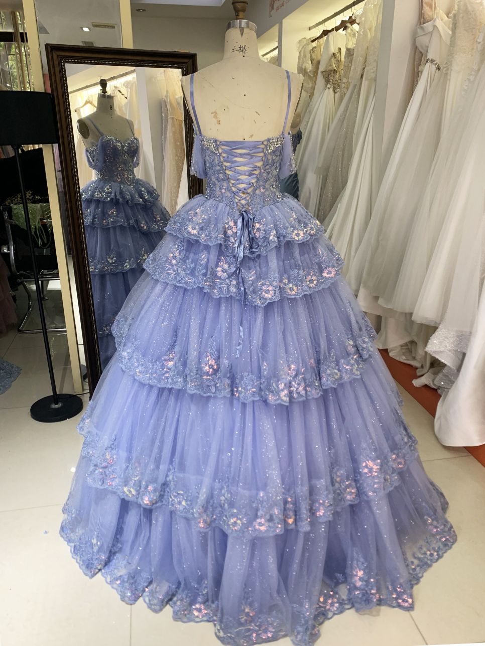 Dusty Blue off shoulder sleeveless 3D glitter embroidery lace up back quinceanera princess ruffle ball gown